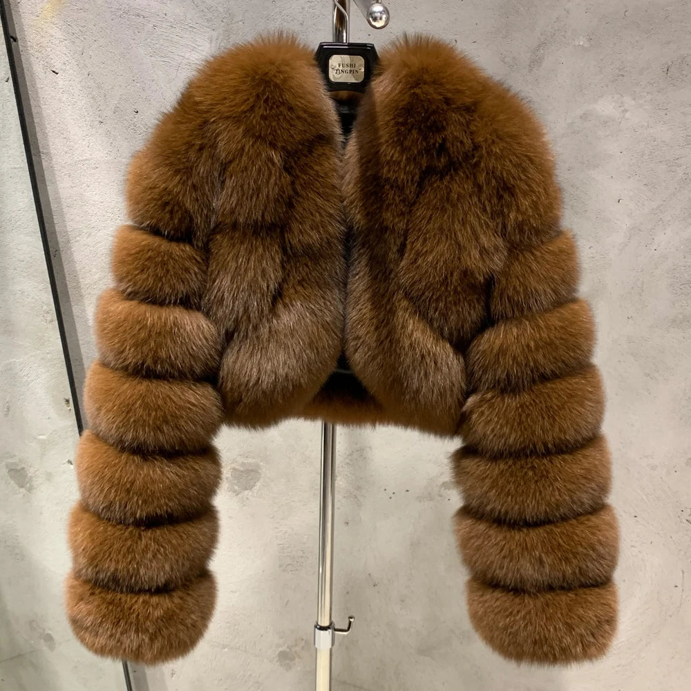 100% Real Fox Fur Cropped Bomber Coat - HEYFANCYSTYLE