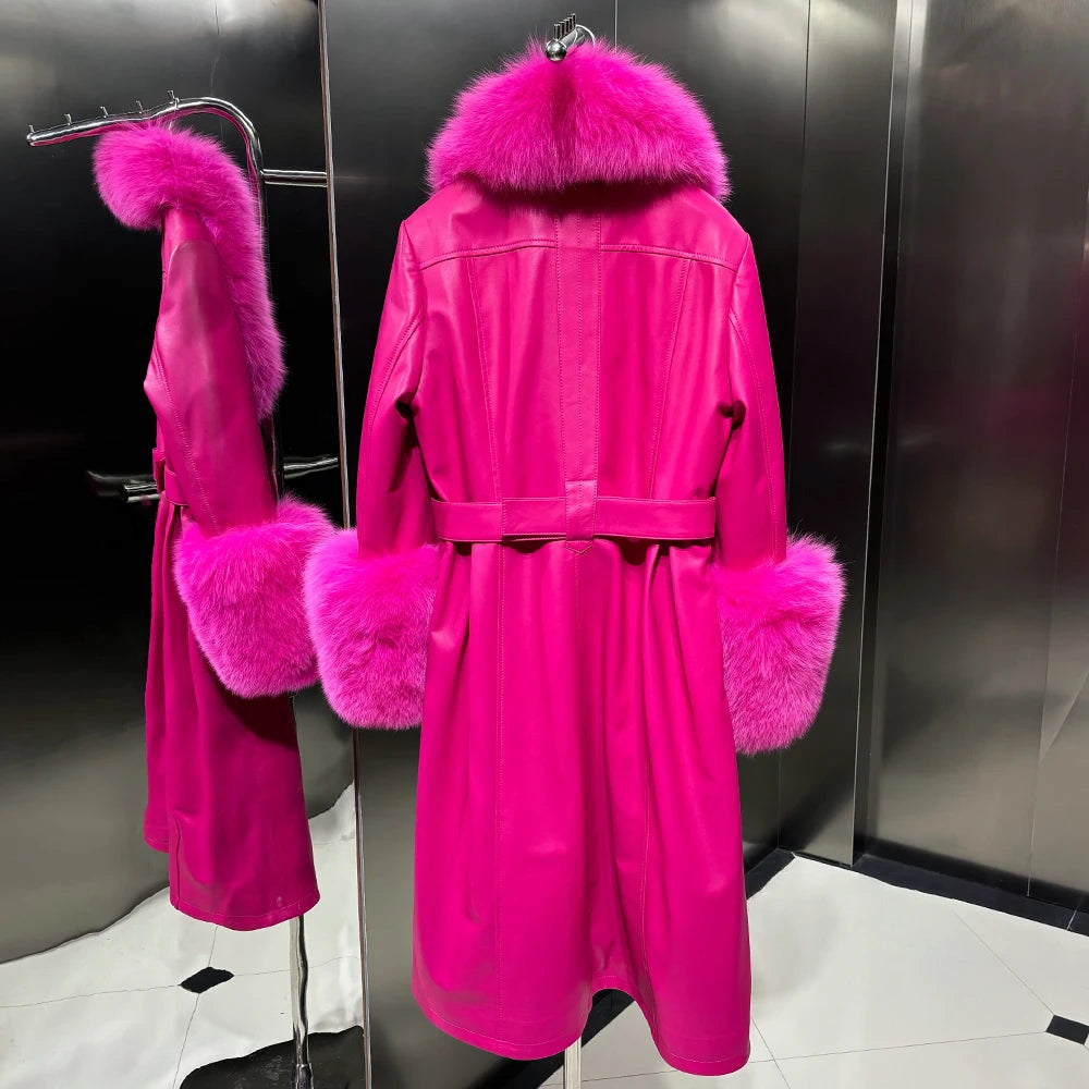 100% Real Leather Oversized Fur Belted Coat HEYFANCYSTYLE