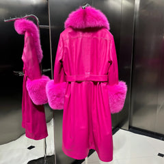 100% Real Leather Oversized Fur Belted Coat HEYFANCYSTYLE