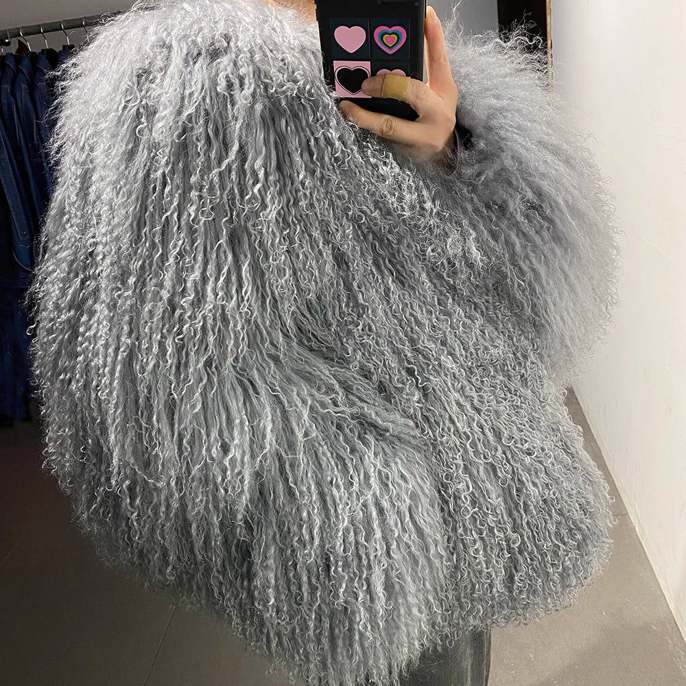 100% Real Mongolian Curly Sheep Fur Coat