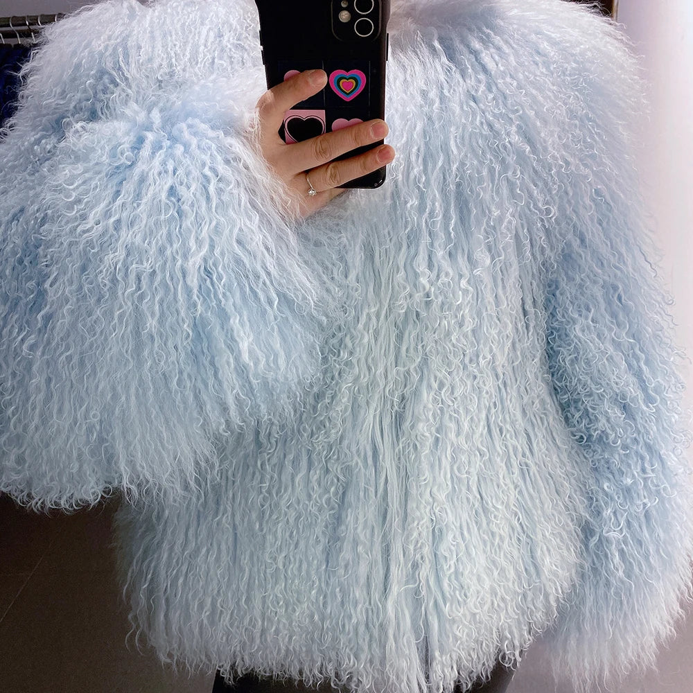 100% Real Mongolian Curly Sheep Fur Coat - Baby blue