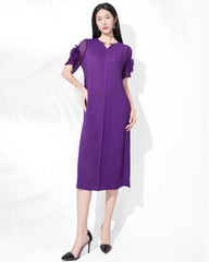 Plissé Rosette Sheer-Sleeve Dress