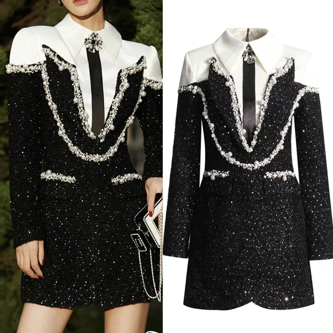 Women's Tuxedo Pearl Embellished Ultra Mini Dress