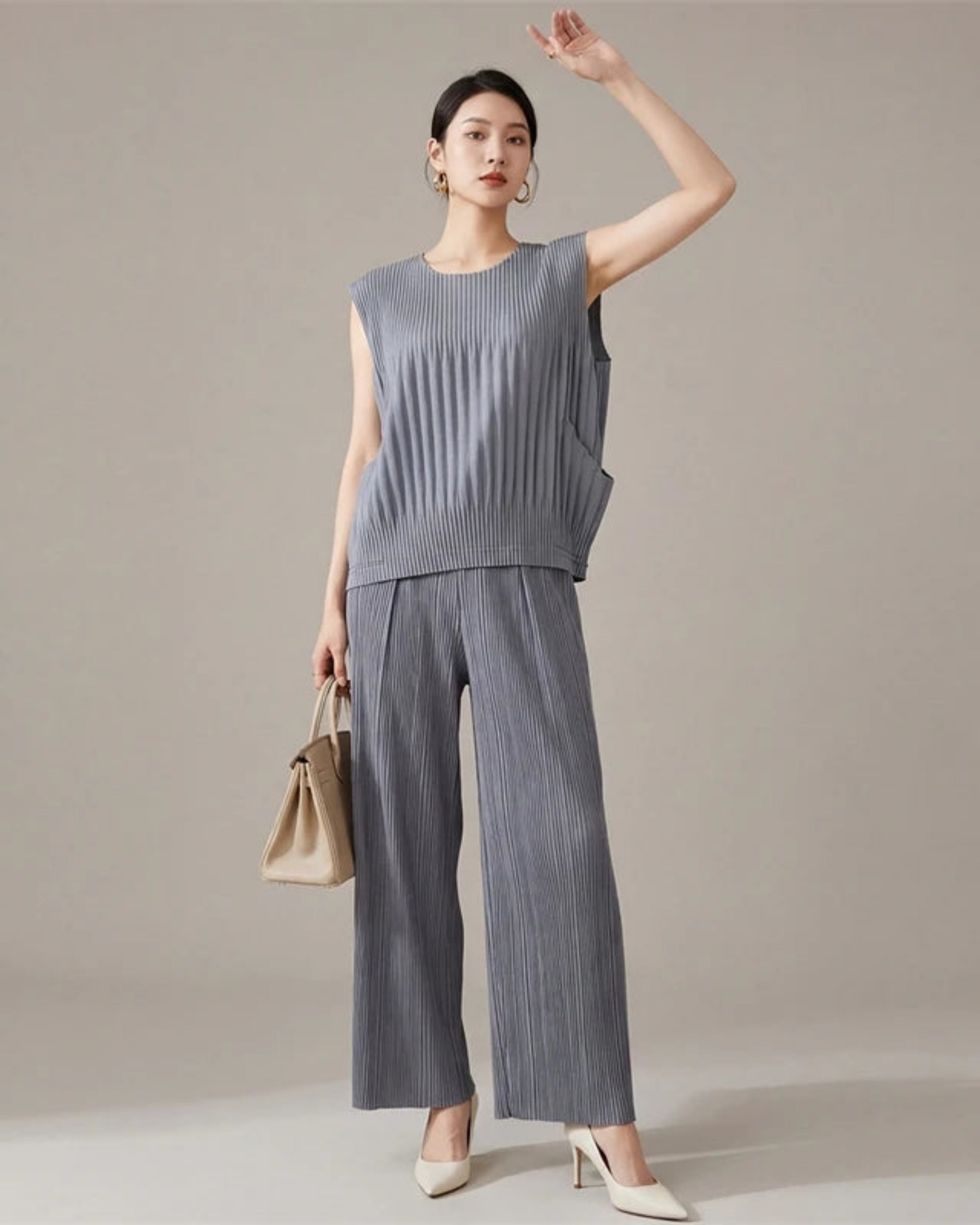 2-Piece Plissé Pleated Wide-Leg Pant and Sleeveless Top Set Designer Luxury | Travel Luxury