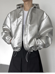 Men's Hooded Metallic Faux Leather Bomber Jacket & Pants Set