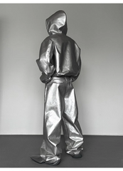 Men's Hooded Metallic Faux Leather Bomber Jacket & Pants Set