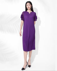 Plissé Rosette Sheer-Sleeve Dress