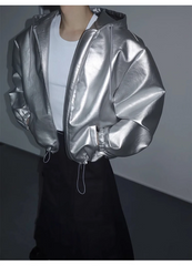 Men's Hooded Metallic Faux Leather Bomber Jacket & Pants Set