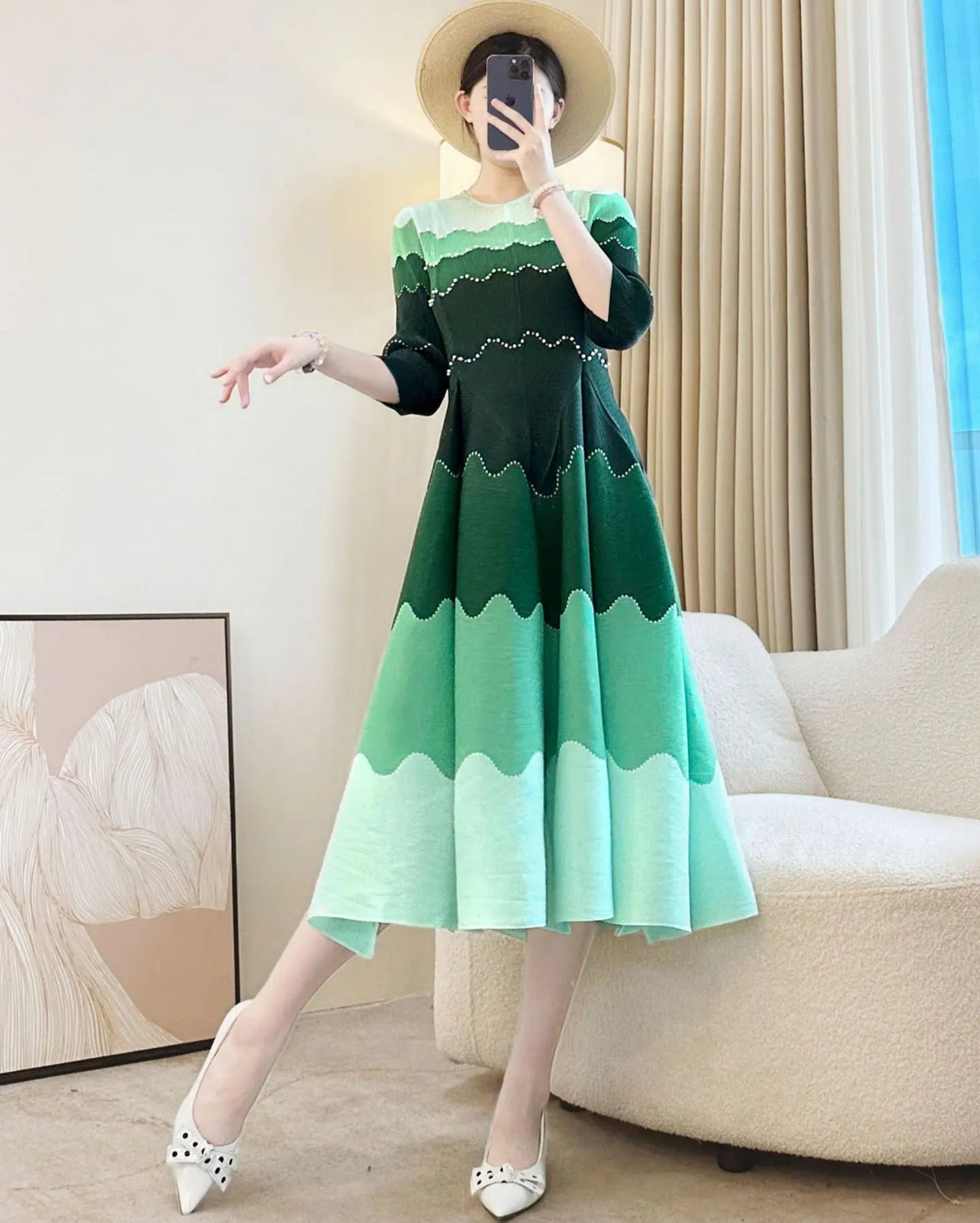 Wave Pleated Midi Dress
