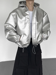 Men's Hooded Metallic Faux Leather Bomber Jacket & Pants Set