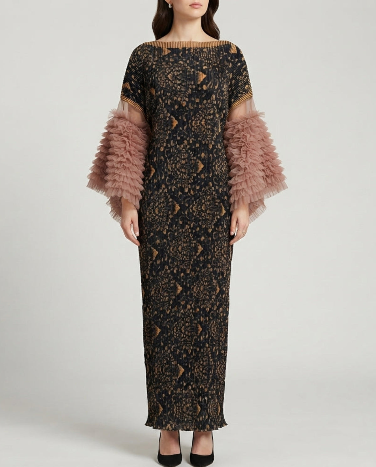 Plissé Ruffle Sleeves Maxi Dress
