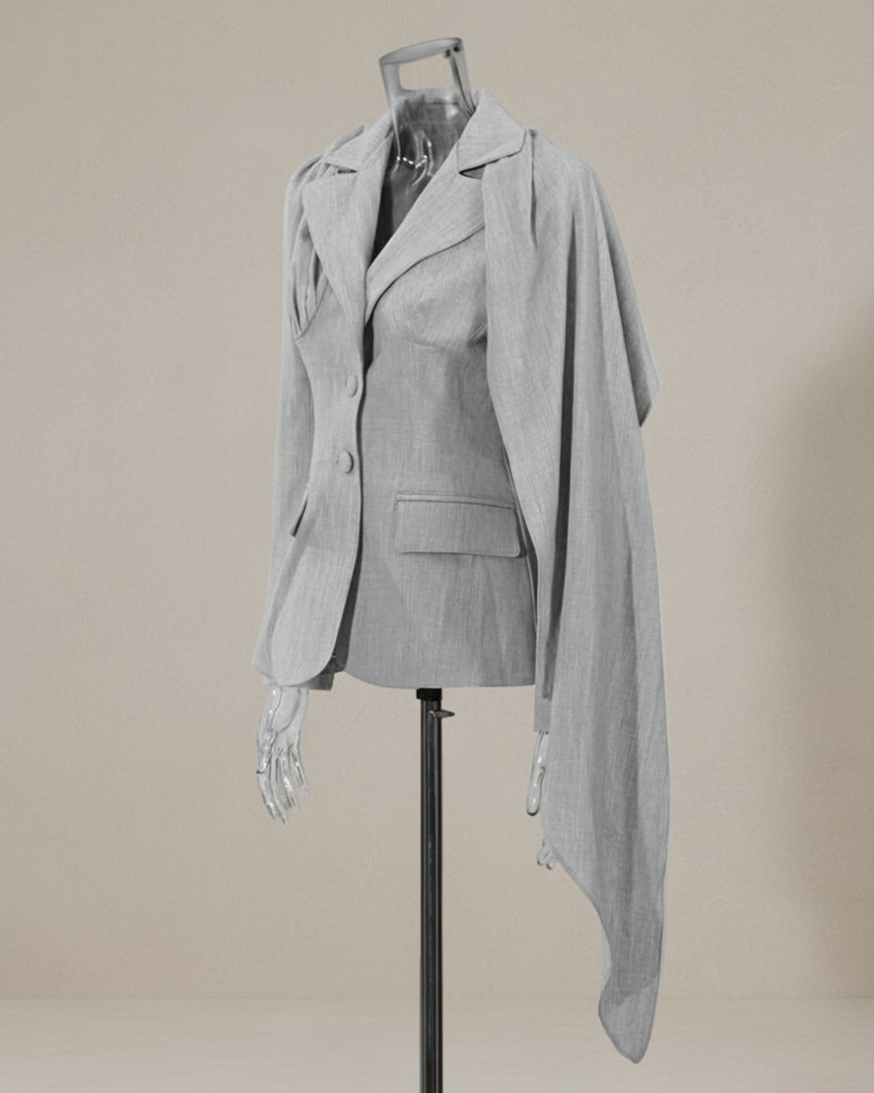 Asymmetrical Draped Sleeve Blazer – Luxury Designer Business Formal Jacket
