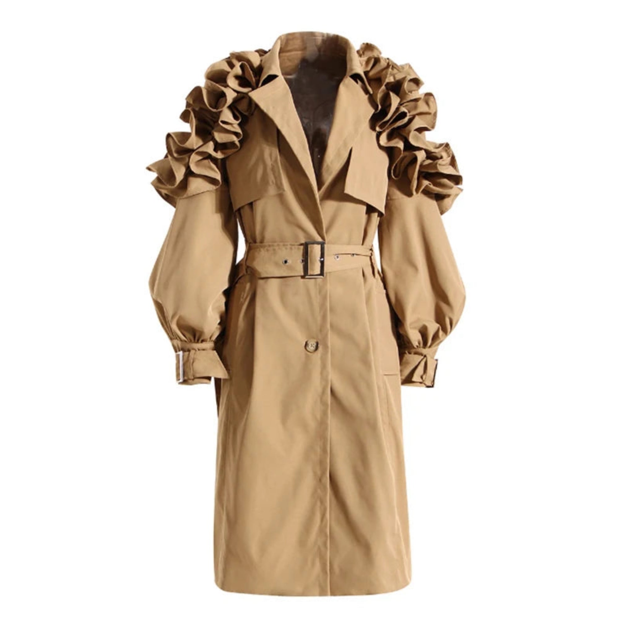 Belted Women's Trench Coat with Ruffle Detail