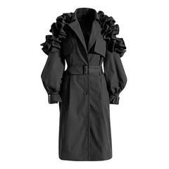 Belted Women's Trench Coat with Ruffle Detail - Black