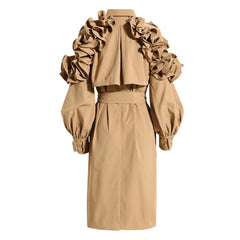 Belted Women's Trench Coat with Ruffle Detail - Khaki