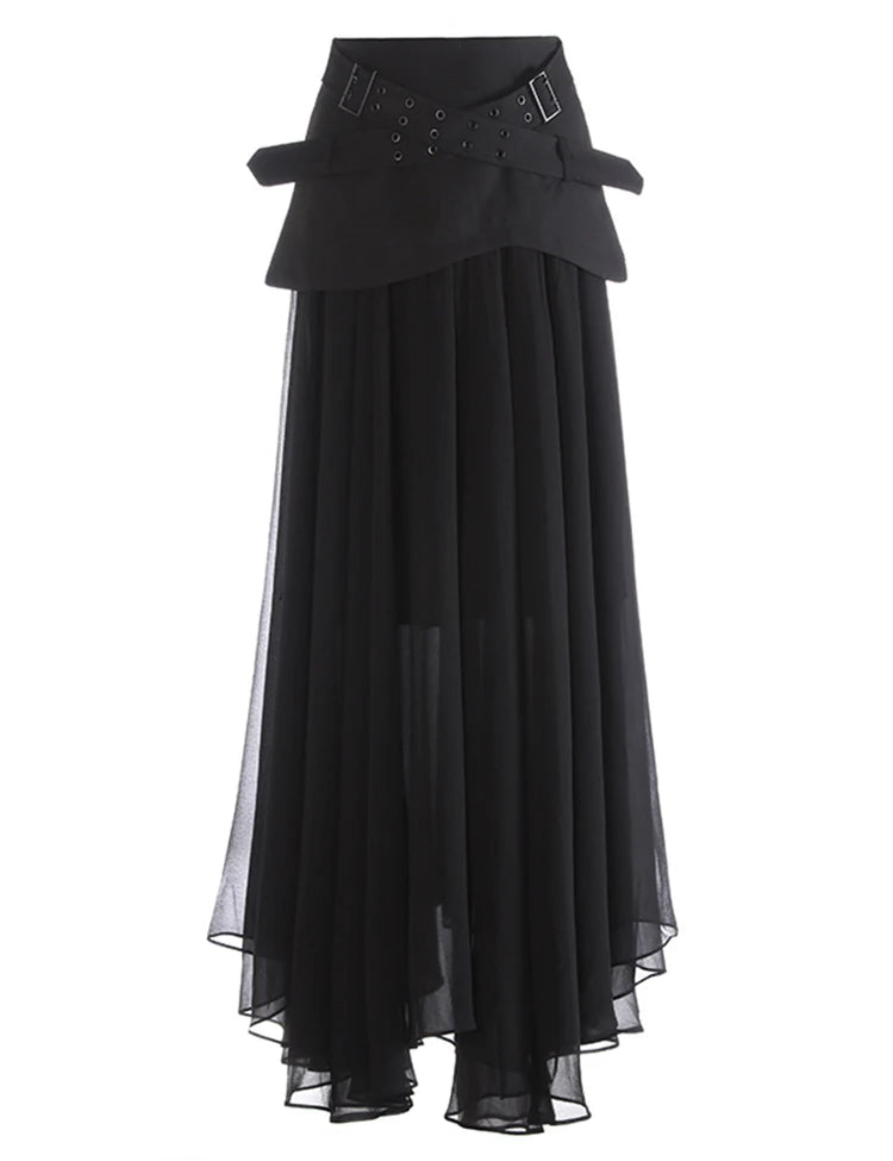 Buckle High-Waist Asymmetric-Hem Tulle Long Midi Skirt Women Designer