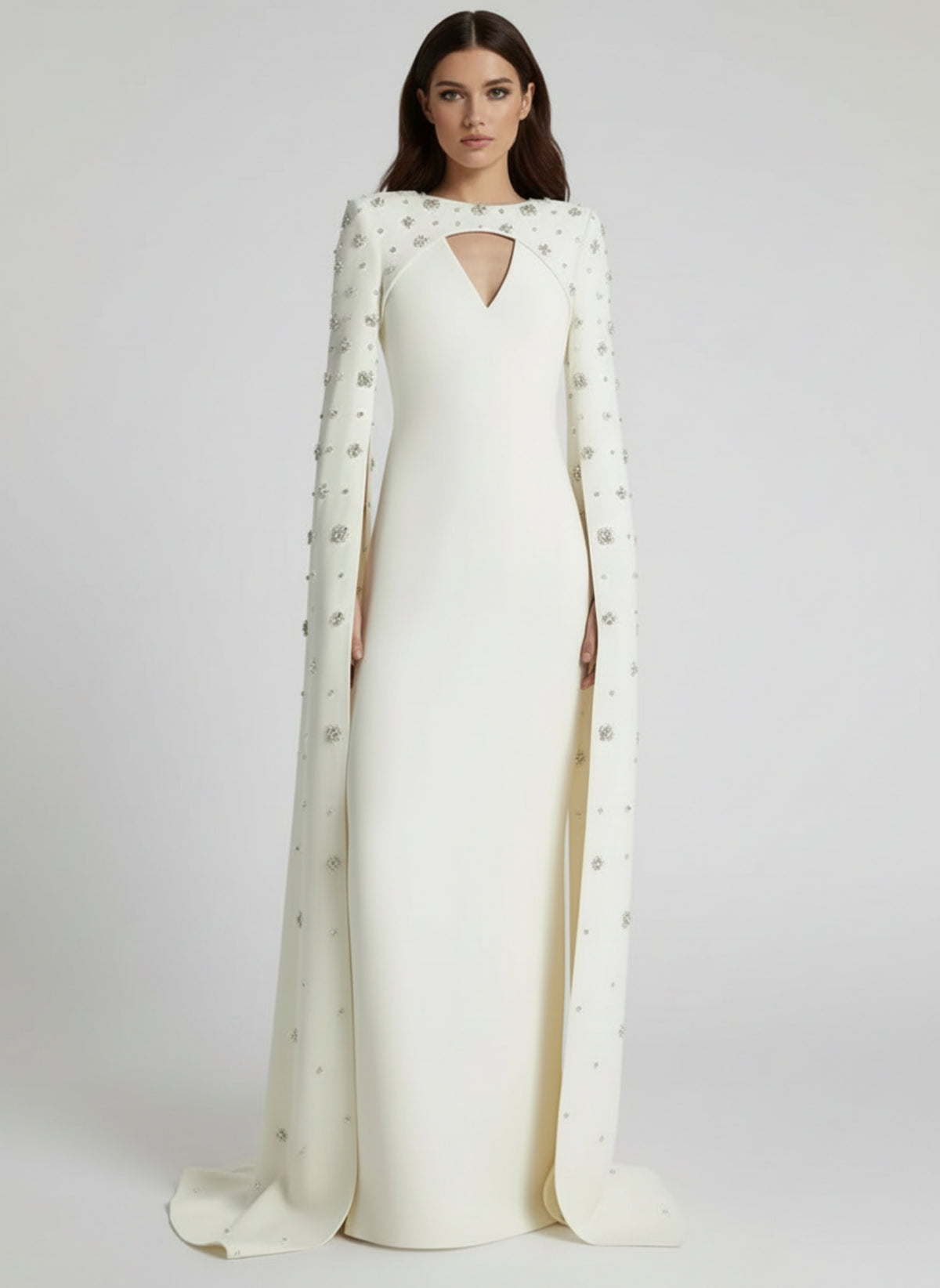 Cape Sleeve Crystal Column Gown – Designer Evening Dress