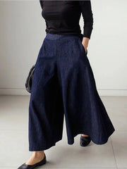 Casual Luxe Denim Culottes Pants - Flowing Wide Leg - High Rise