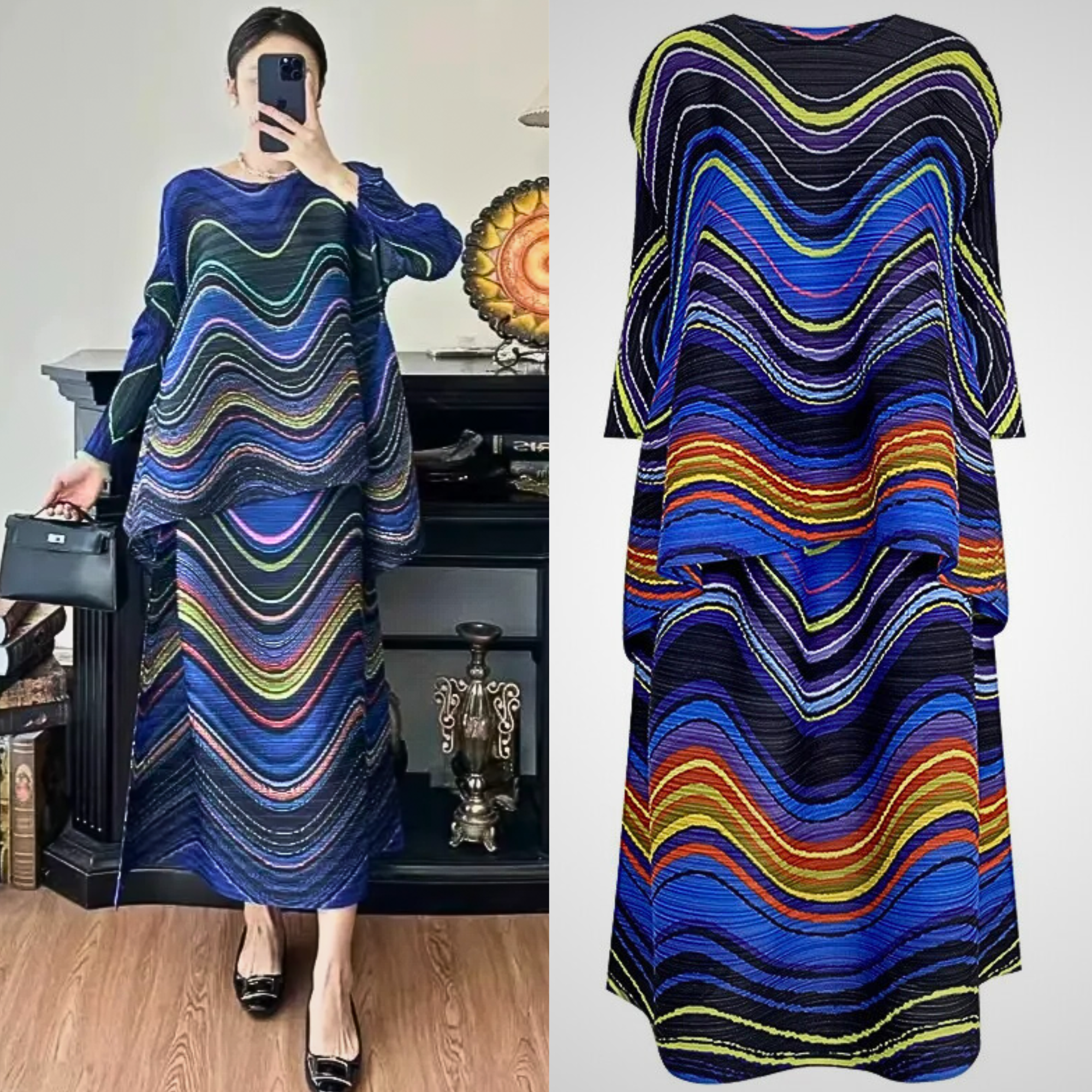 Casual Luxe Pleated Wave Pull-On Circle Midi Skirt Set - Blue