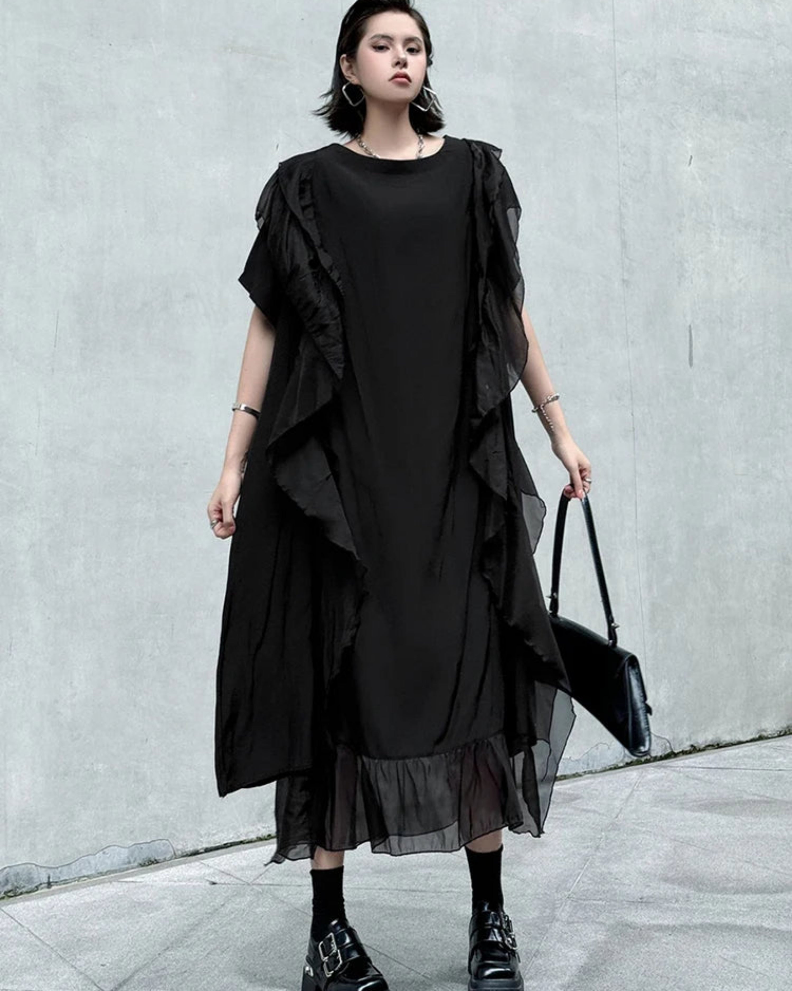 Casual Luxury Japanese Avant-Garde Midi Dress | Oversized Short Sleeve | Layered Sheer Organza | Asymmetrical Hem | Flowing Luxe Design