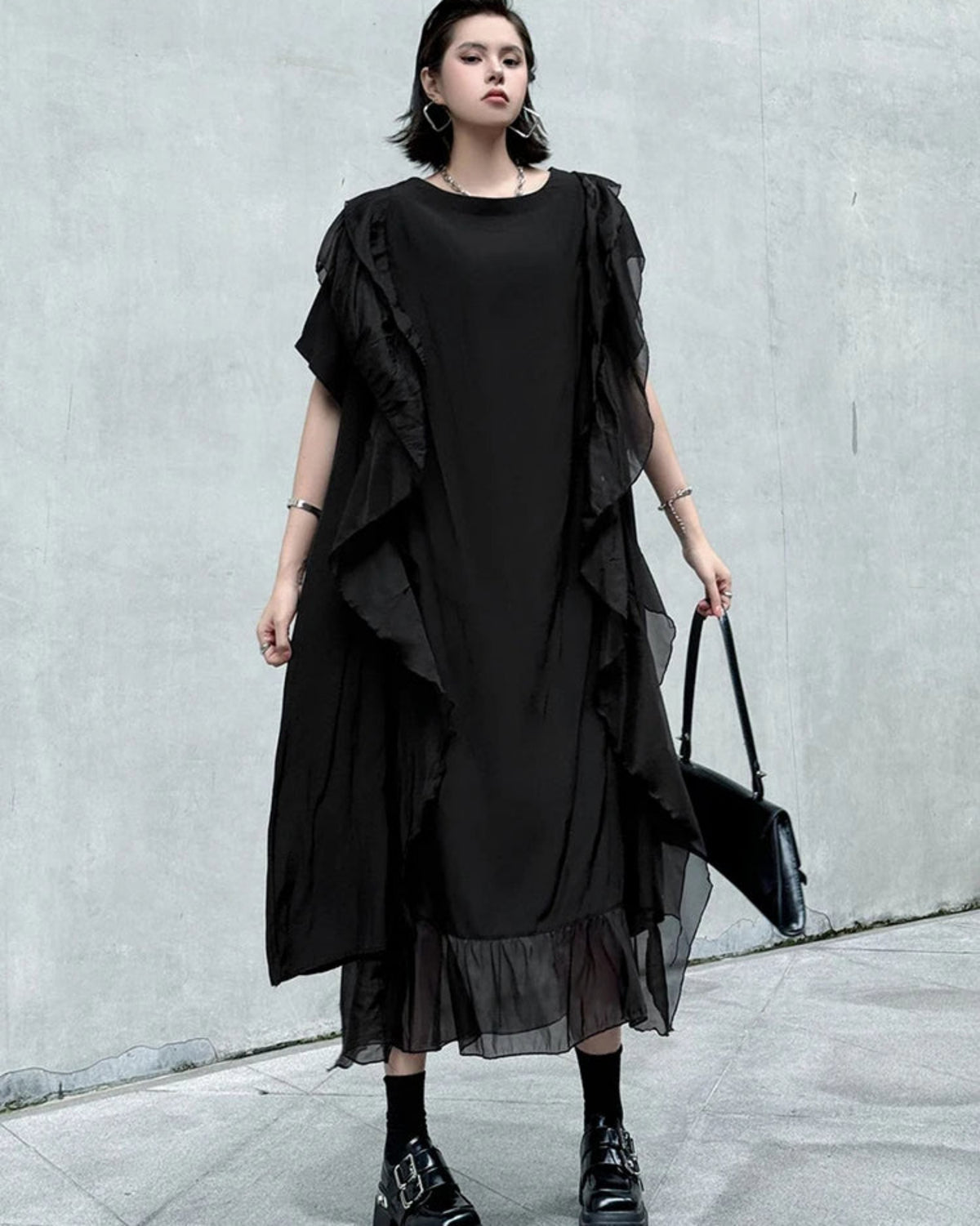 Casual Luxury Japanese Avant-Garde Midi Dress | Oversized Short Sleeve | Layered Sheer Organza | Asymmetrical Hem | Flowing Luxe Design
