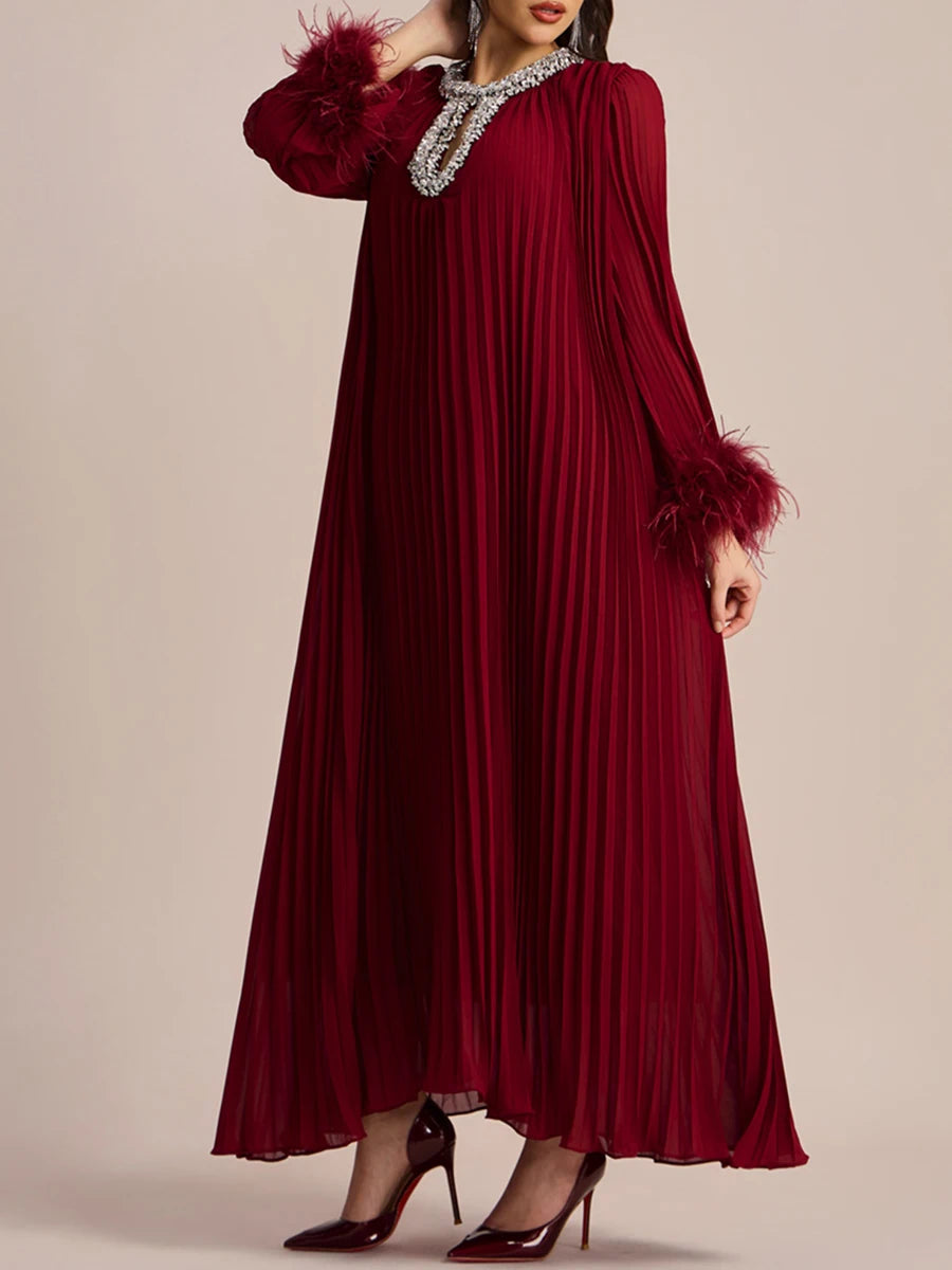 Cocktail Pleated Midi Dress - Crystals & Feathers HEYFANCYSTYLE - Red