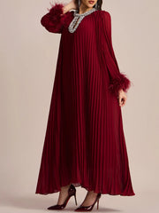 Cocktail Pleated Midi Dress - Crystals & Feathers HEYFANCYSTYLE - Red