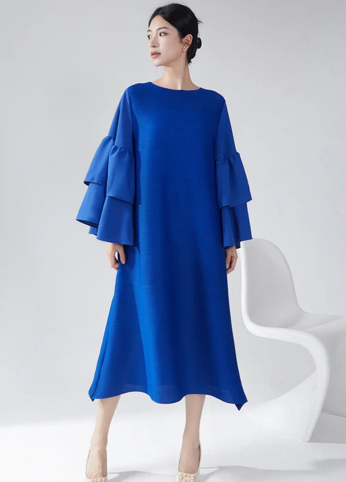 Contemporary Designer Midi Dress – Japanese Plissé Detailing
