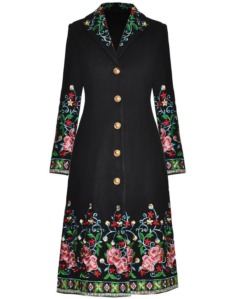 Cotton Blend Floral Embroidered Trench Coat