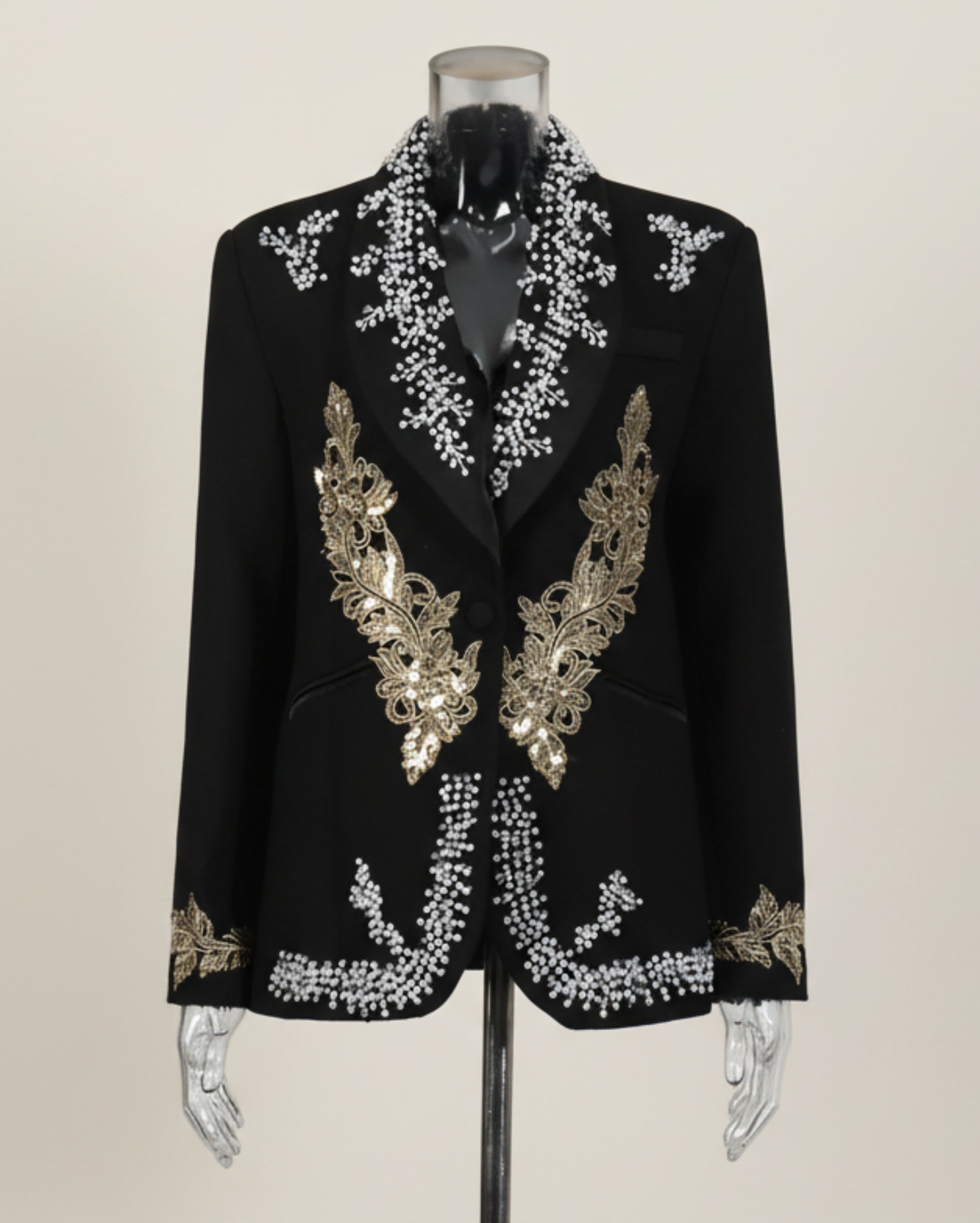 Couture Beaded Blazer – Structured Notched Lapel Crystal Jacket