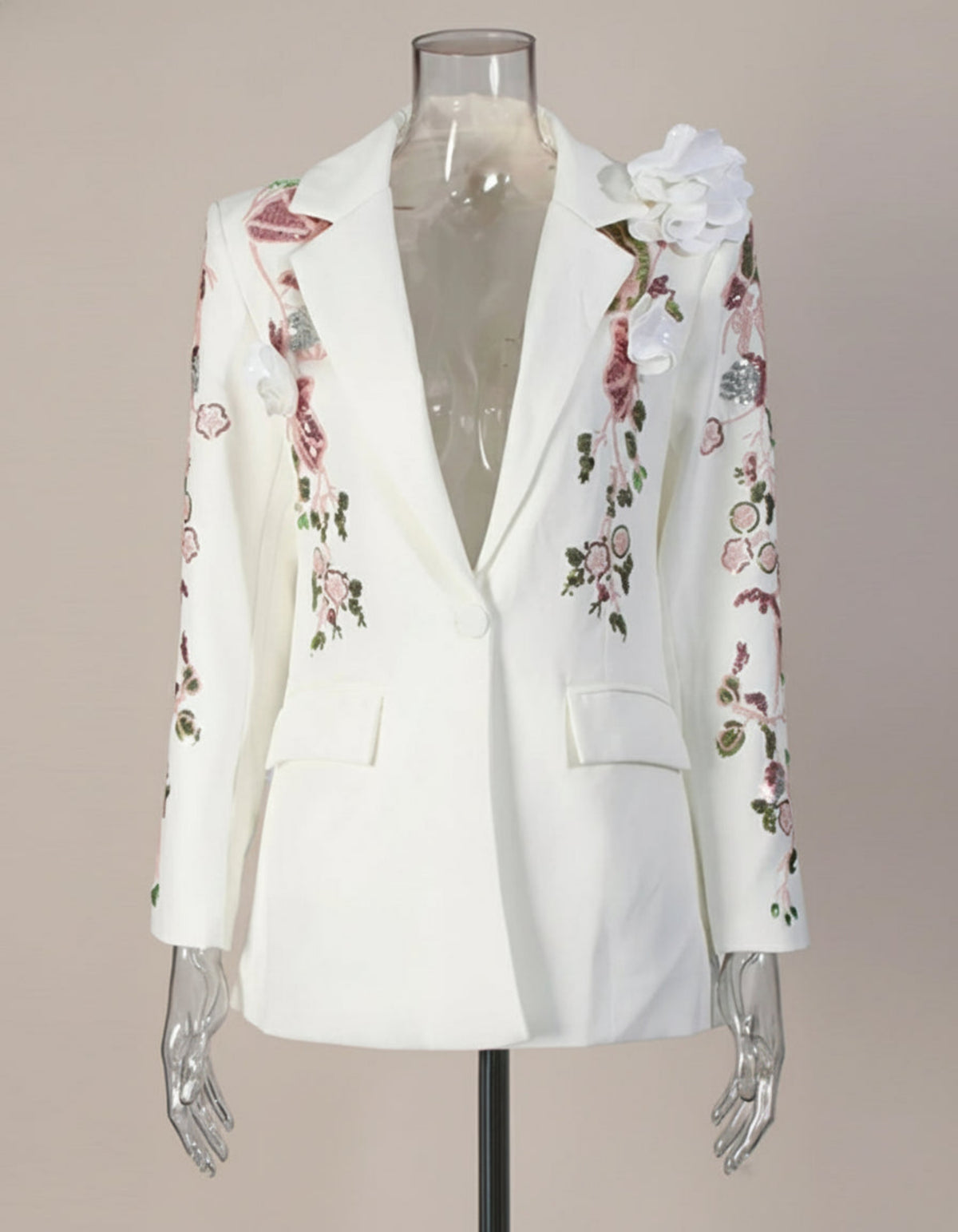 Couture Embroidered Blazer – Floral Appliqué & Sequin Detail