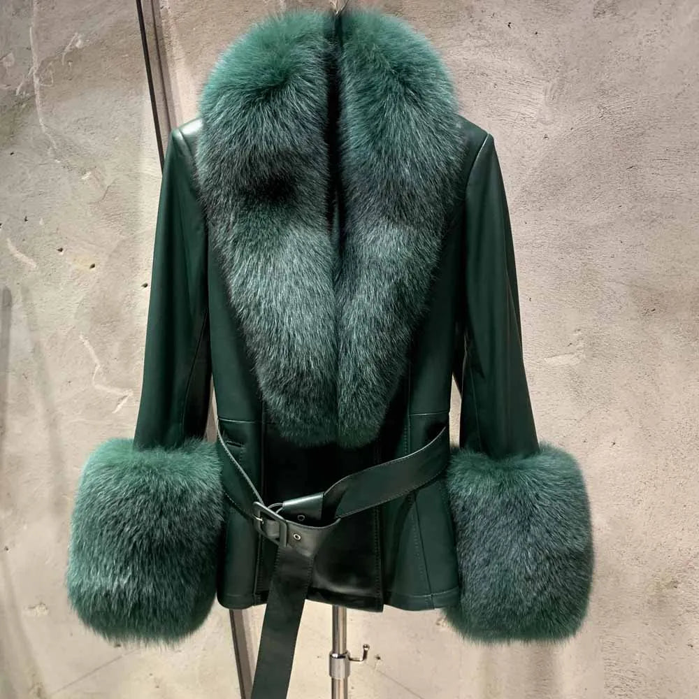 Couture Leather Coat with Fox Fur Trim - Green