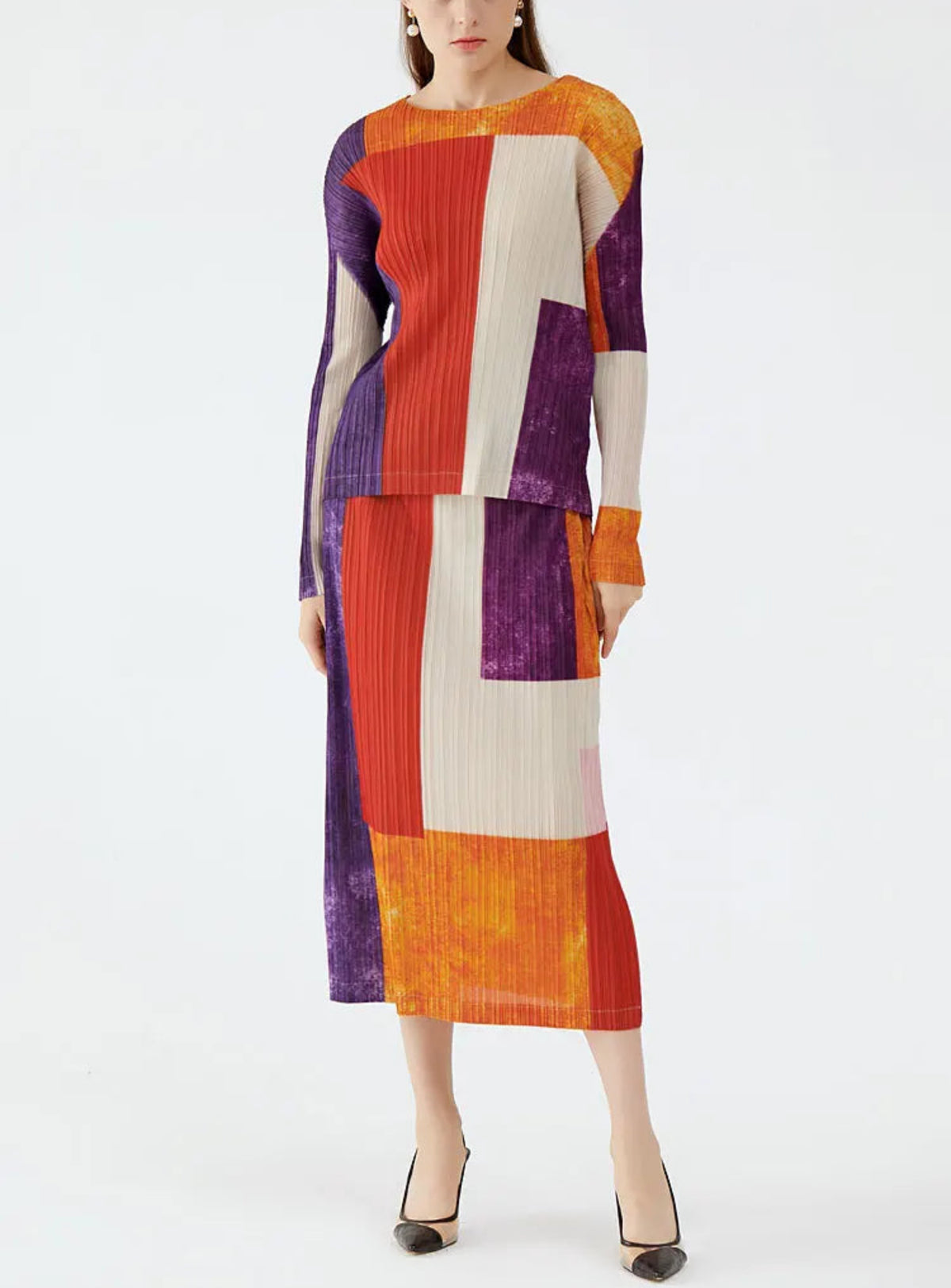 Couture Plissé Pleats Pleated Long-Sleeve Top and Midi Skirt