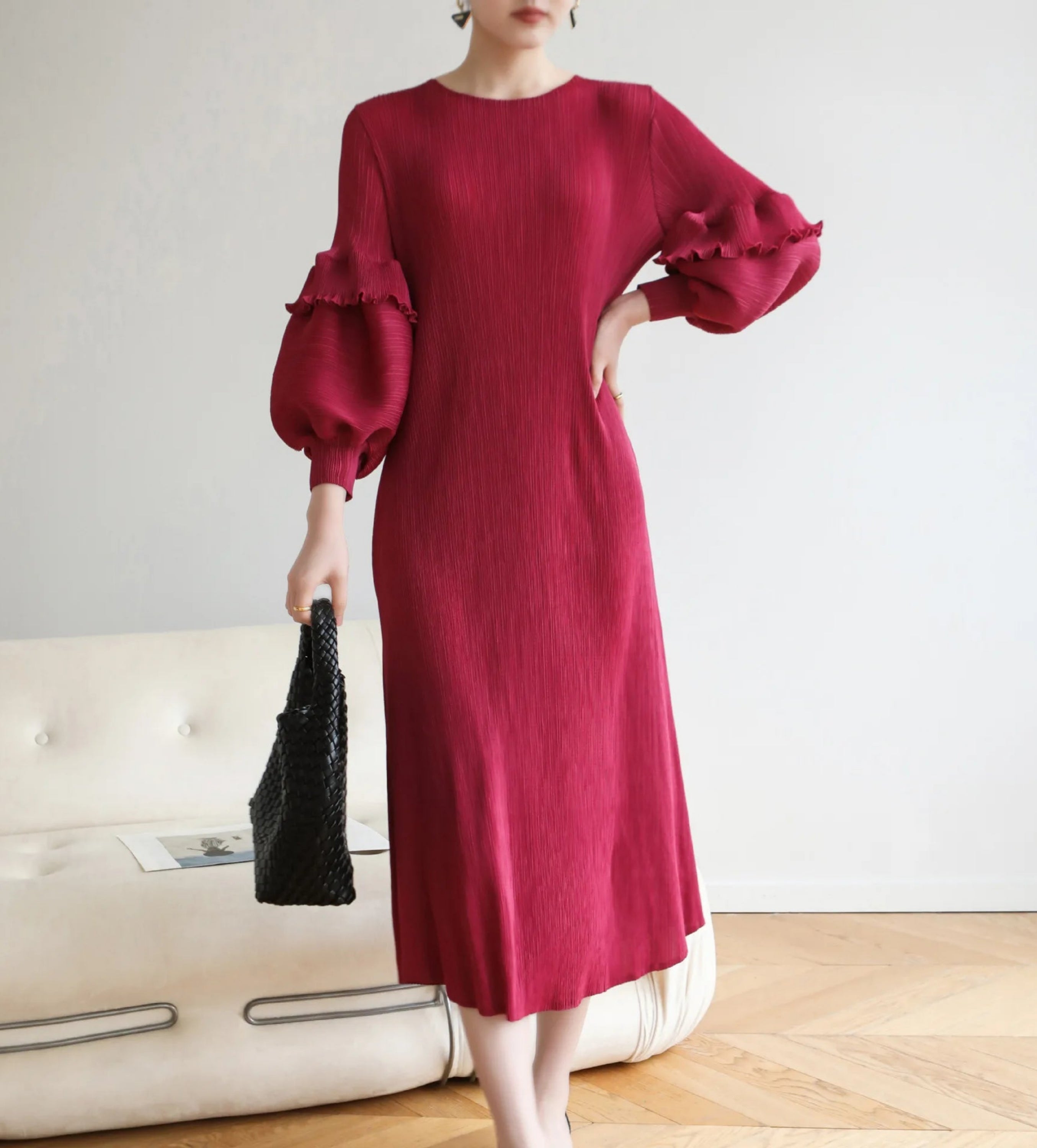 Cruise Dress Luxury Japanese Pleats Plissé Puff Sleeve Resort Midi