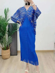 Cruise Dress Luxury Resort Pleats Plissé V-Neck Tassel Maxi Vacation Gown