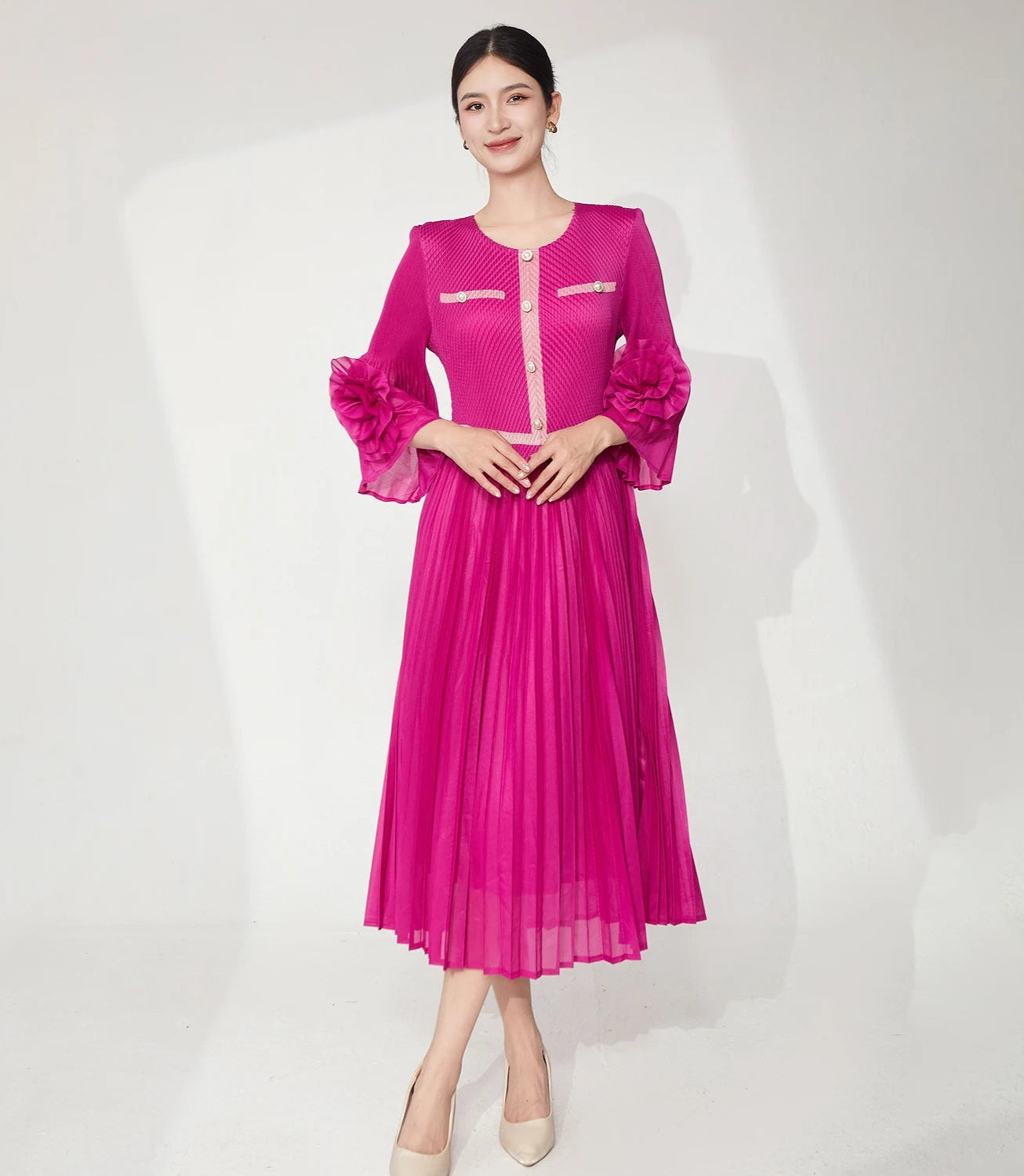 Cruise Dress Luxury Resort Vacation Japanese Pleats Plissé Ruffle Bell Sleeve