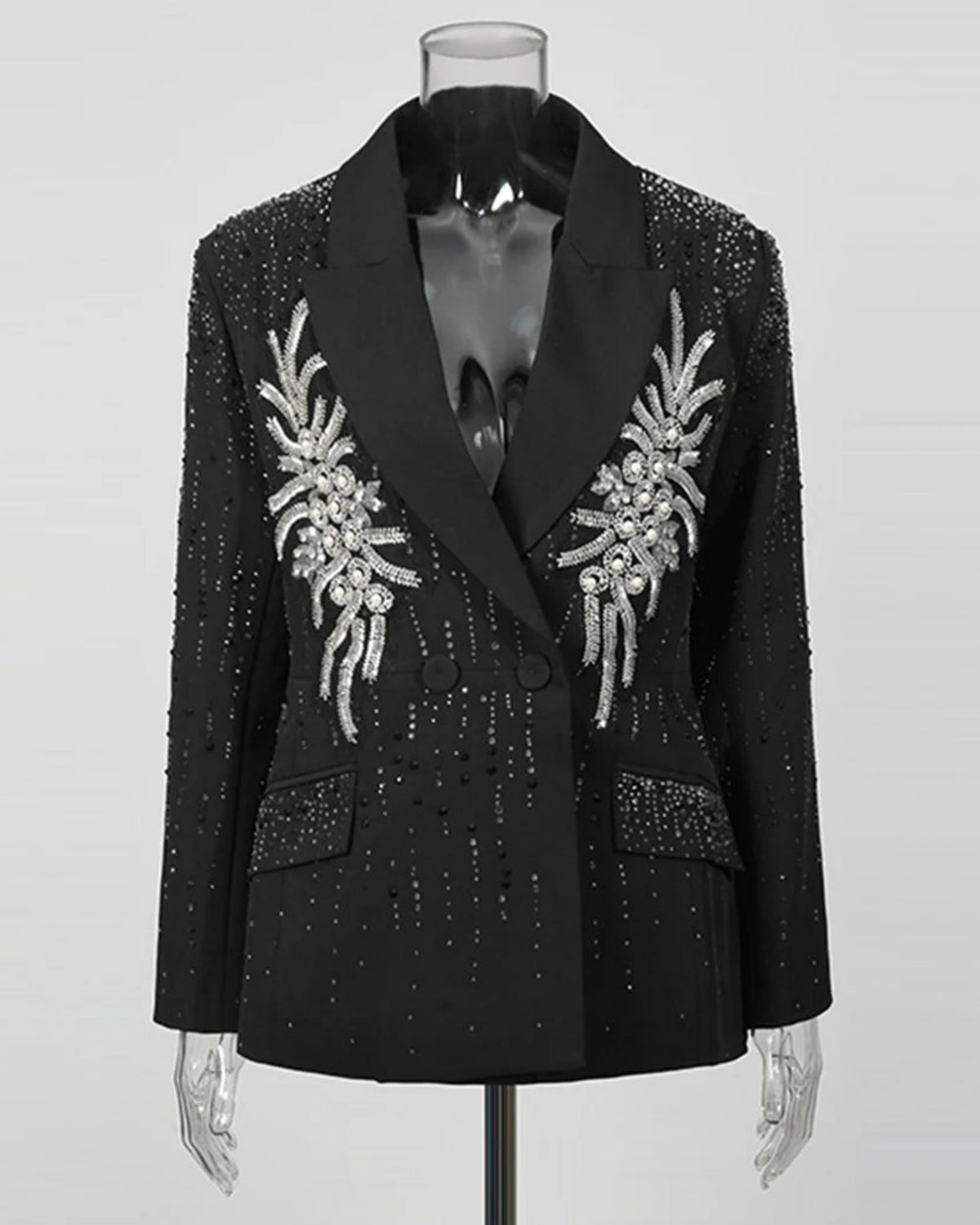 Crystal Embellished Double-Breasted Blazer – Designer Rhinestone Detail