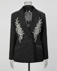 Crystal Embellished Double-Breasted Blazer – Designer Rhinestone Detail