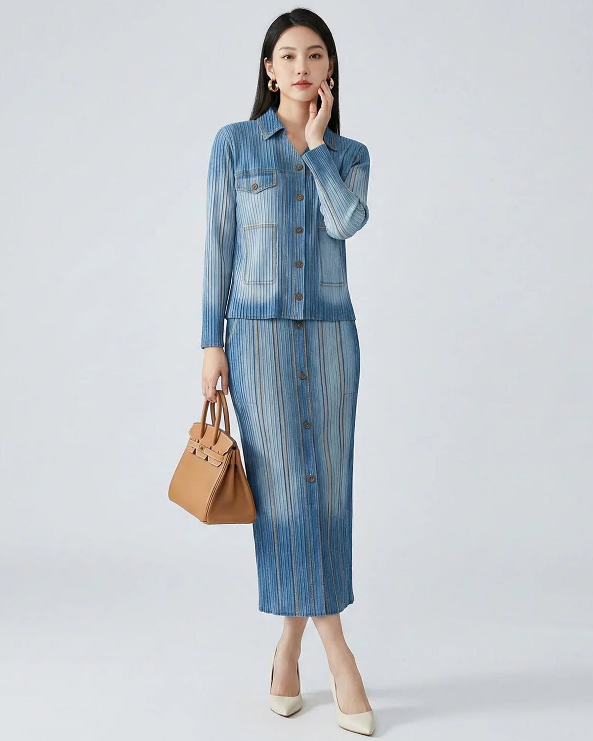 Denim Printed Pleated Blouse and Midi Skirt Set | Japanese Plissé
