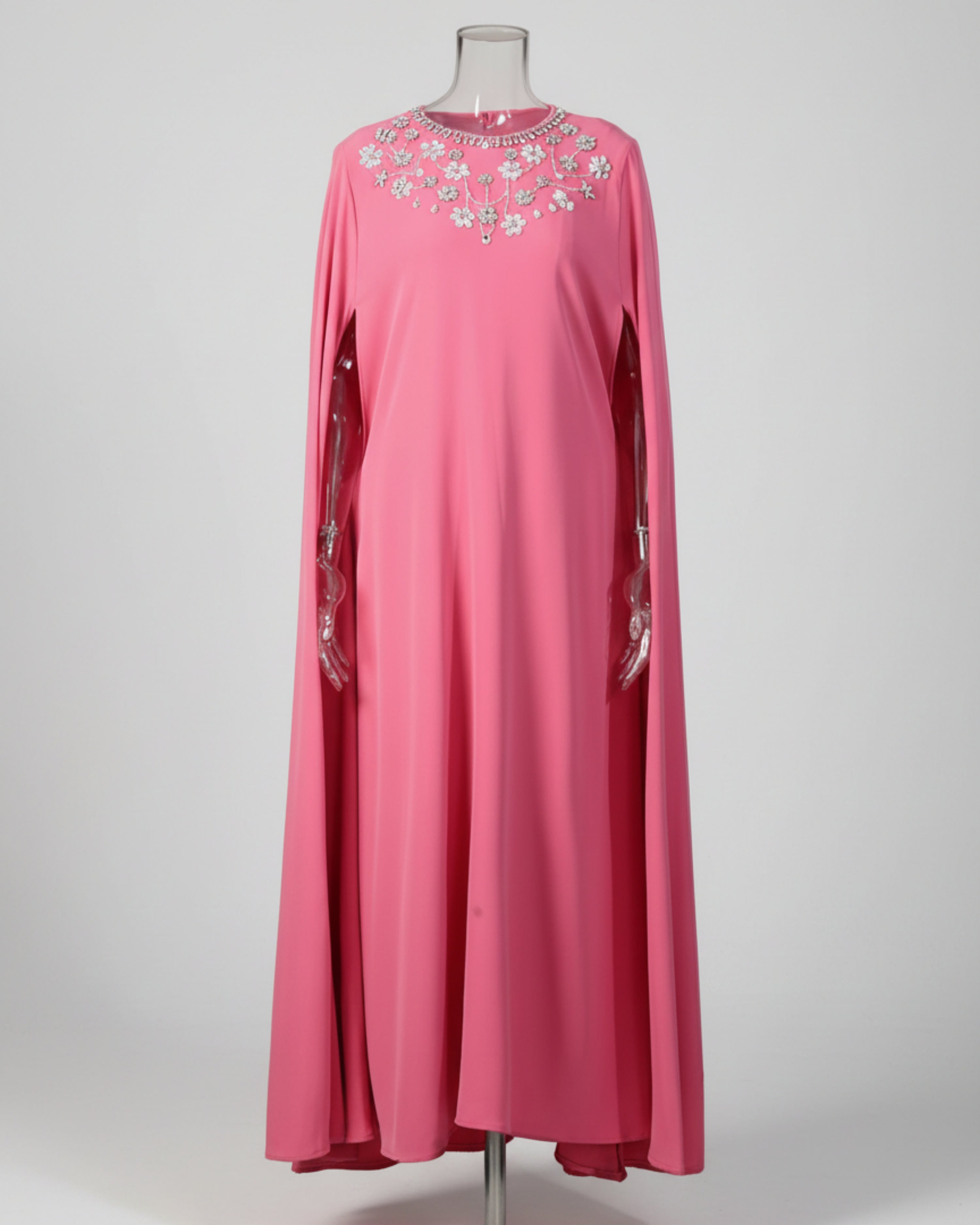 Designer Cape Evening Gown Dress – Embellished High Neck