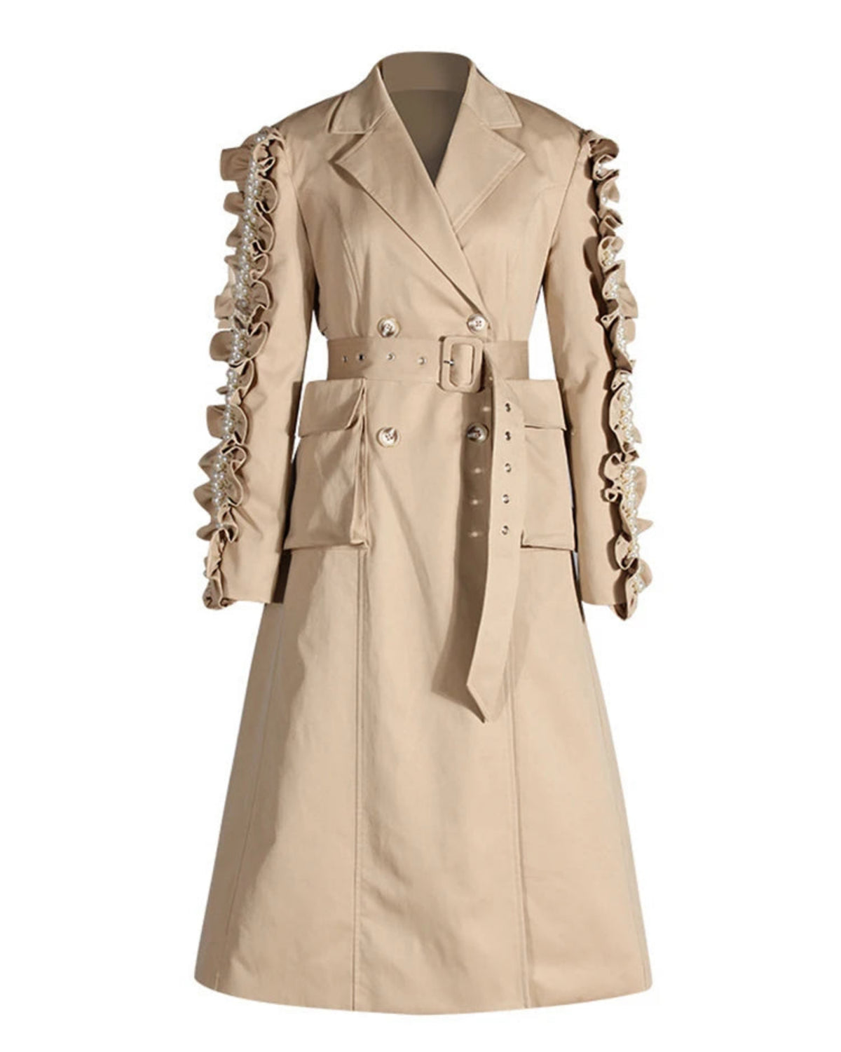 Designer Double Breasted Long Trench Coat w/ Pearl Detail