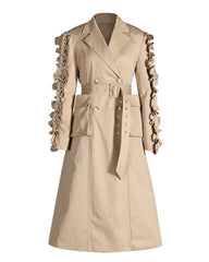 Designer Double Breasted Long Trench Coat w/ Pearl Detail