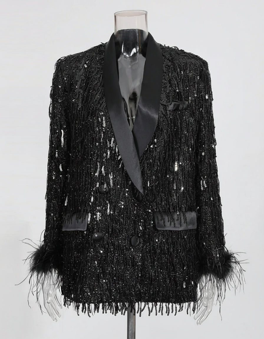 Designer Feather Cuff Blazer – Premium Sequin Jacket for Galas & Events