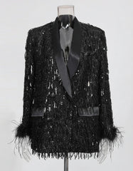 Designer Feather Cuff Blazer – Premium Sequin Jacket for Galas & Events