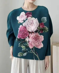 Designer Floral Pleated Batwing Top – Luxury Sculptural Fit