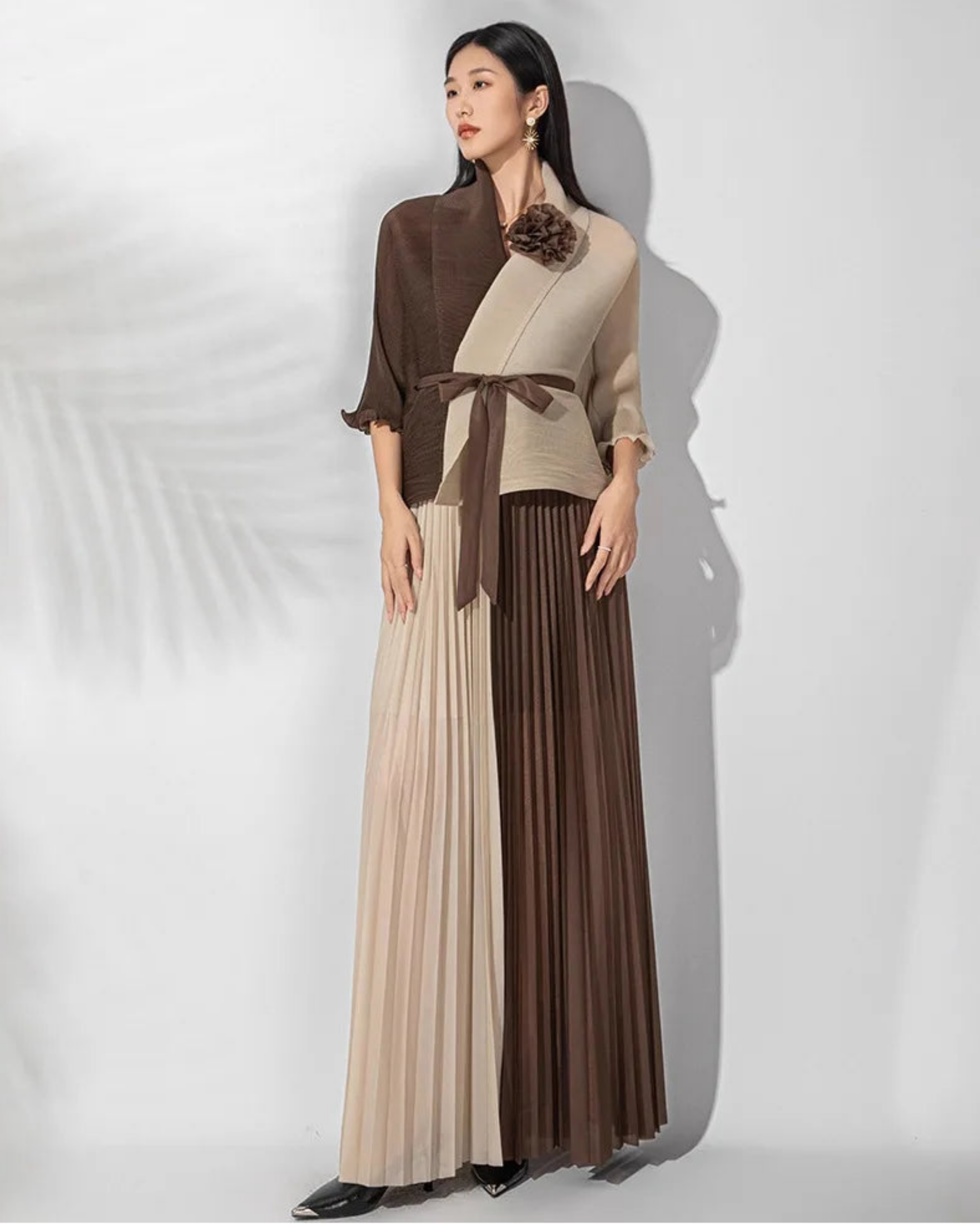 Designer Formal Japanese Micro-Pleated Two Piece Skirt And Top Set