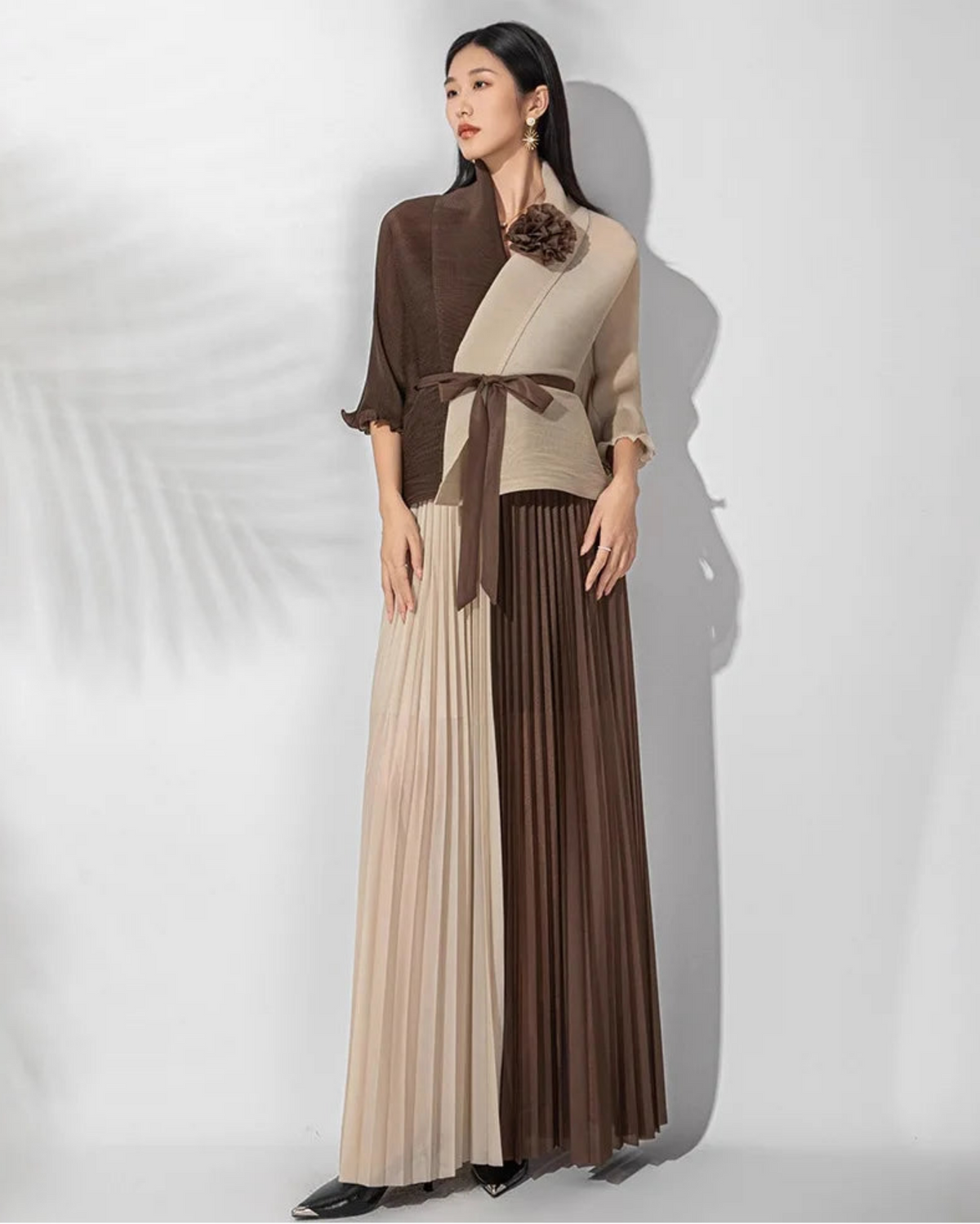 Designer Formal Japanese Micro-Pleated Two Piece Skirt And Top Set