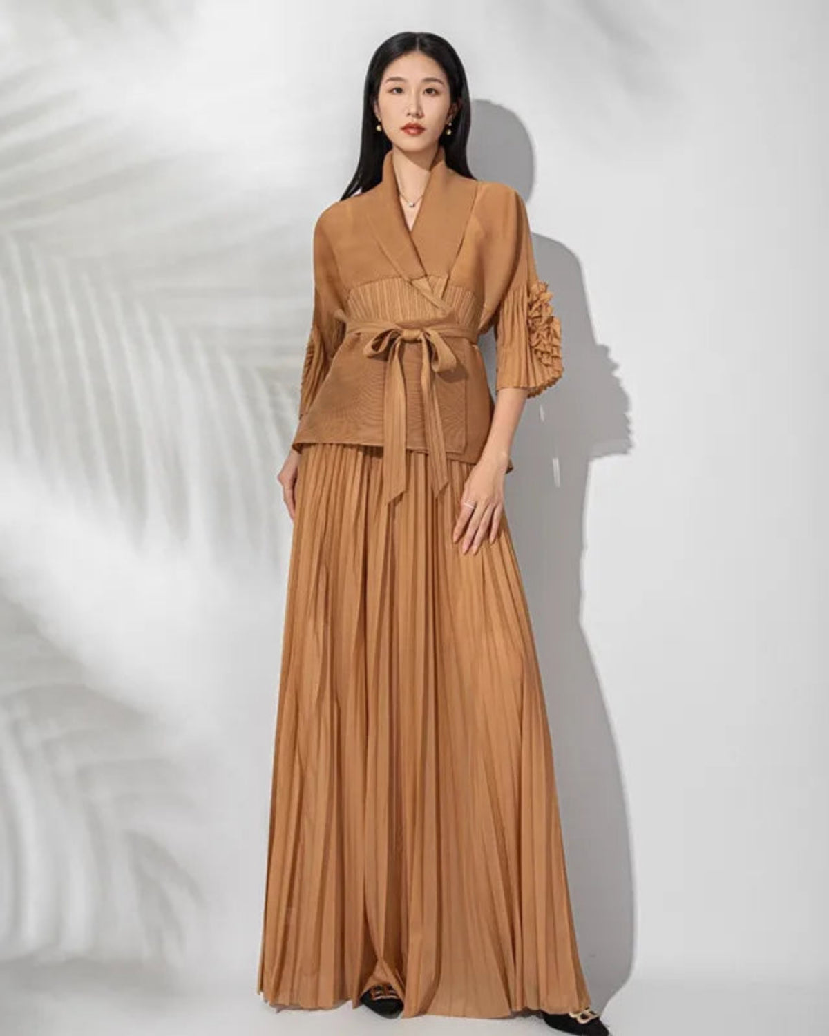 Designer Formal Plissé Pleated Pleats Maxi Skirt and Wrap Top