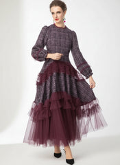 Designer Formal Tweed Midi – Textured Bodice & Bishop Sleeves