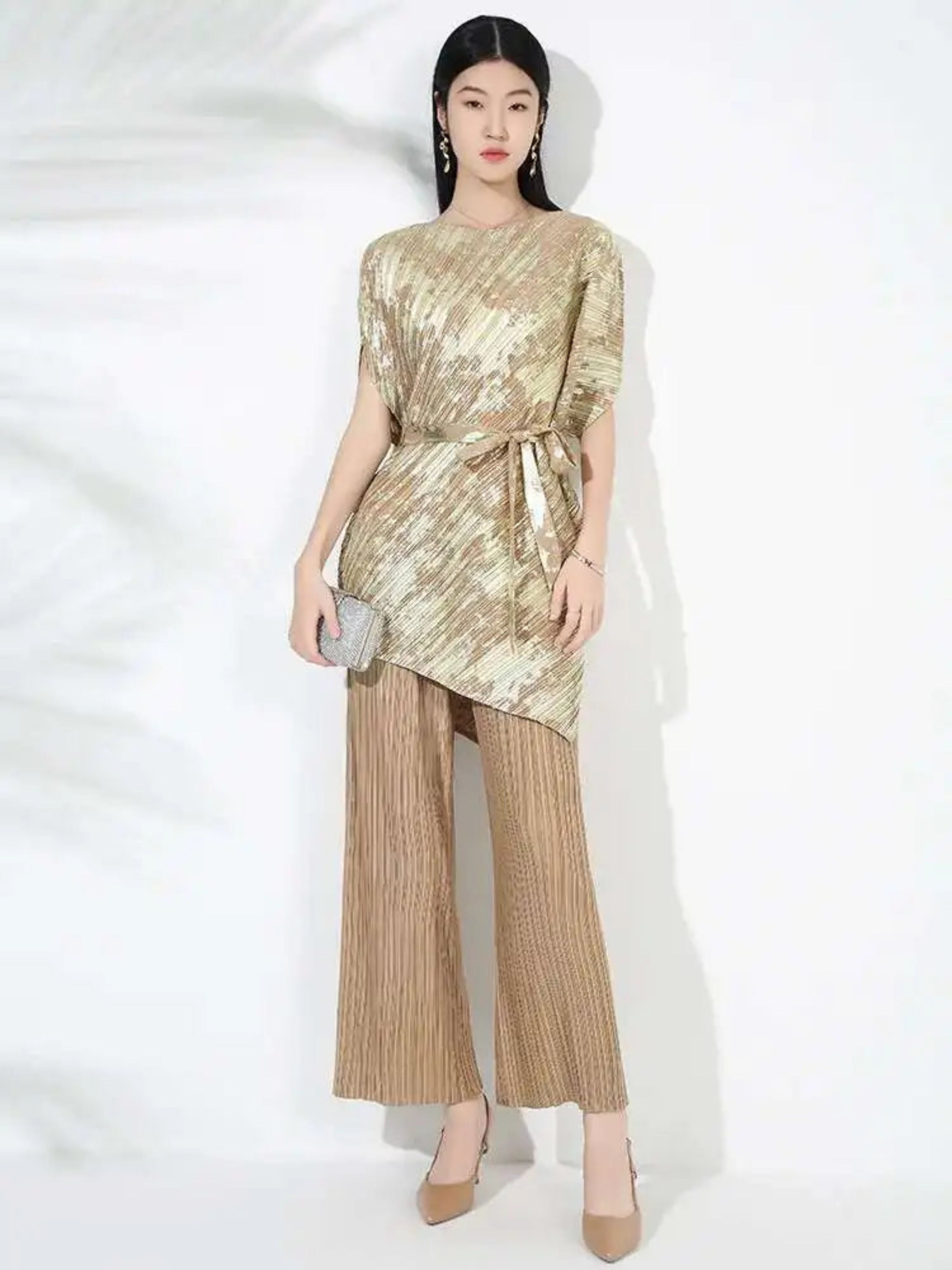 Designer Gold Pleated Tunic & Wide Leg Pant Set | HEYFANCYSTYLE